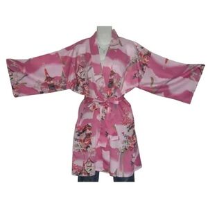 Marukyo Kimono Vintage Pink Belted Robe Japanese Artwork Floral Kawaii Harajuku